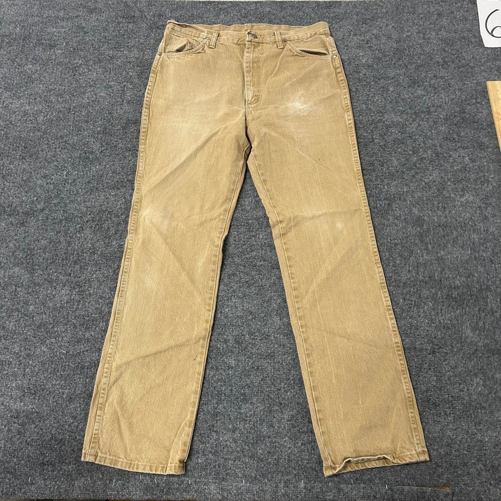 Wrangler Jeans Mens Size 34x34 Tan Straight Leg Cotton Denim Workwear Distressed